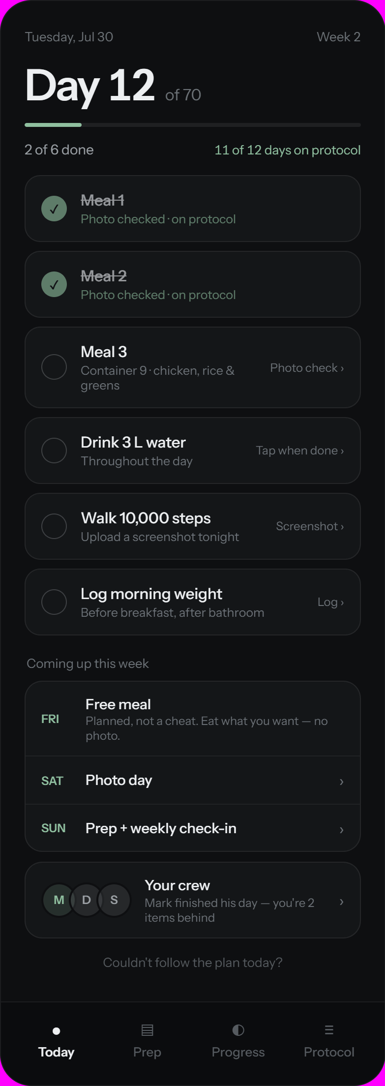 Simple Shred daily checklist on day 12 of 70: meal photo checks, 3 litres of water, 10,000 steps and morning weigh-in