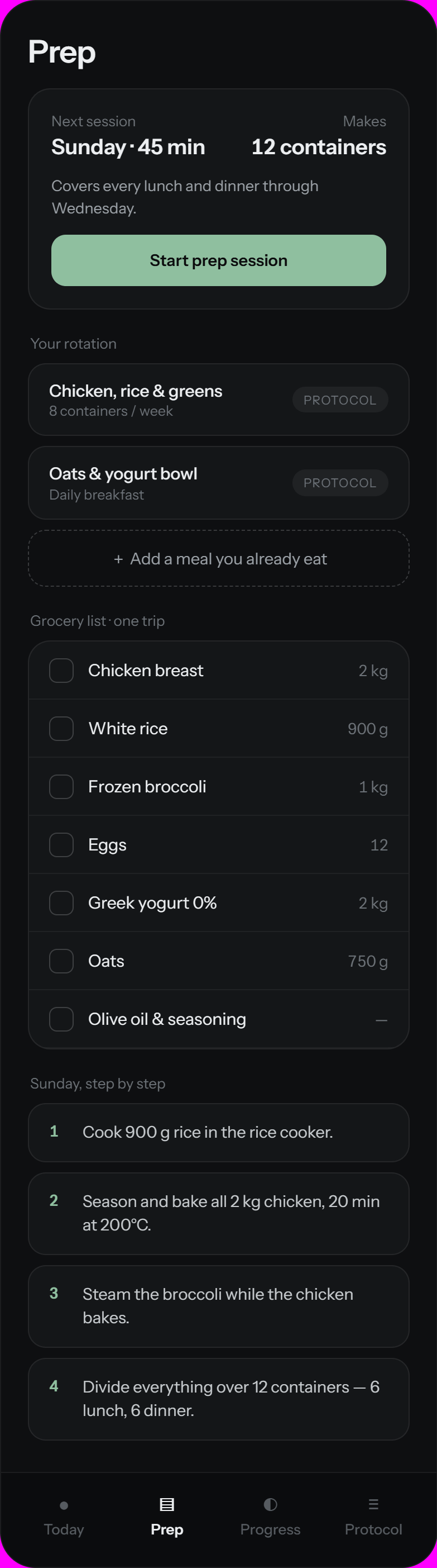 Sunday meal prep session: 45 minutes, 12 containers, generated grocery list and step-by-step prep plan