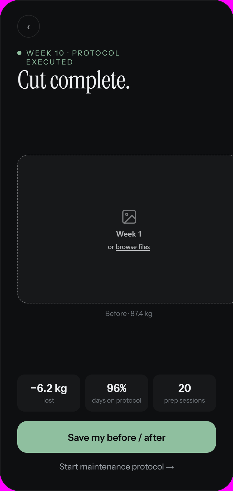 Cut complete screen after week ten: 6.2 kg lost, 96 percent of days on protocol, before and after photos